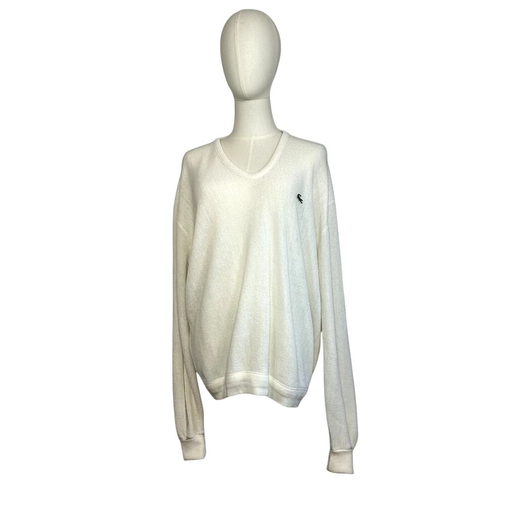 VTG 70s Izod Lacoste XL White V-Neck Pullover Sweater Preppy Retro Sportswear